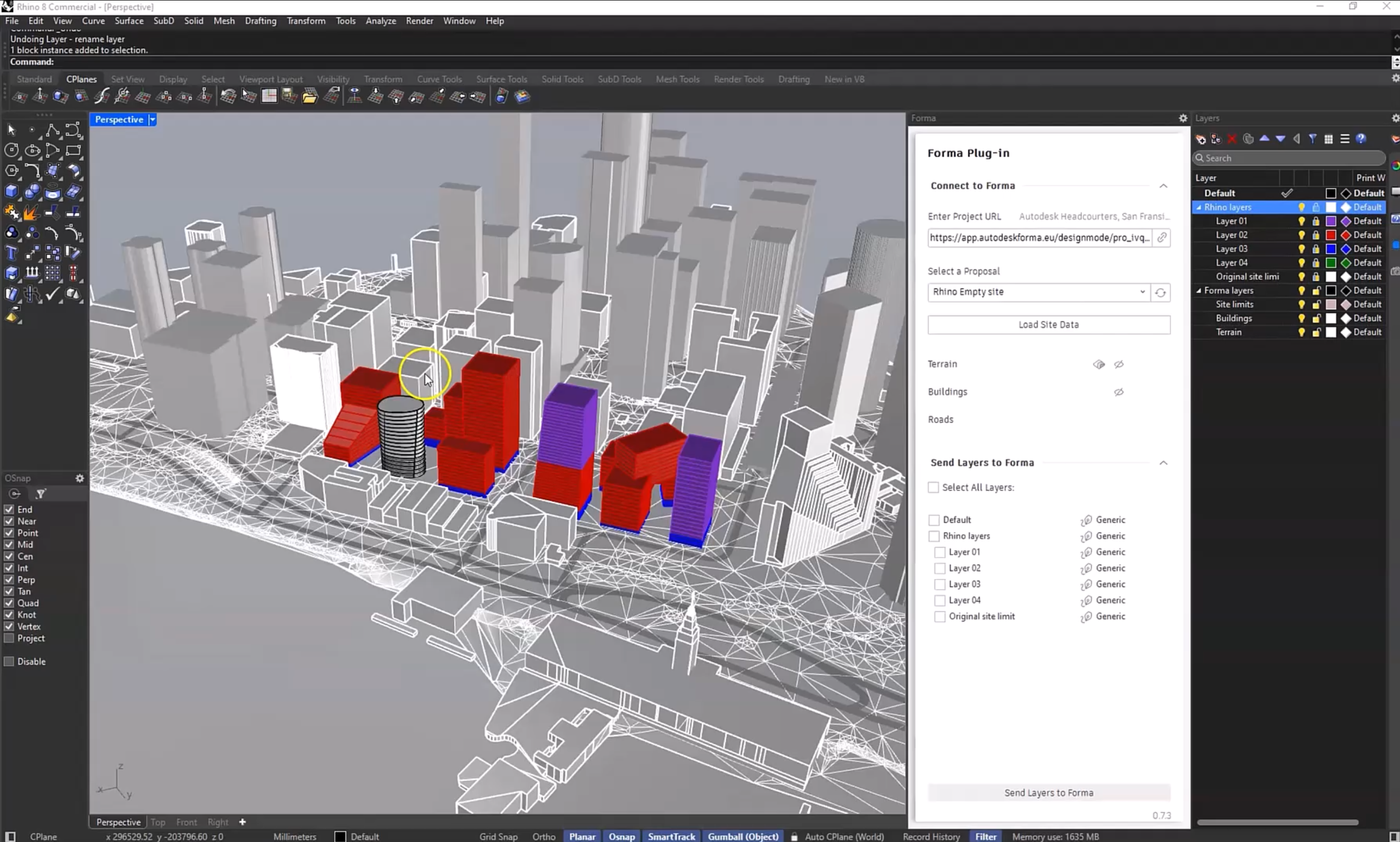 In the Rhino interface, the project for this example is open in the Perspective view, with the Forma and Layers panels docked to the right of the canvas.