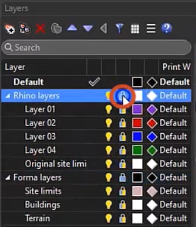 The Layers panel shows each of the Forma layers locked, indicated by the closed Lock icon, and the Lock icon next to Rhino layers is being clicked to unlock it.
