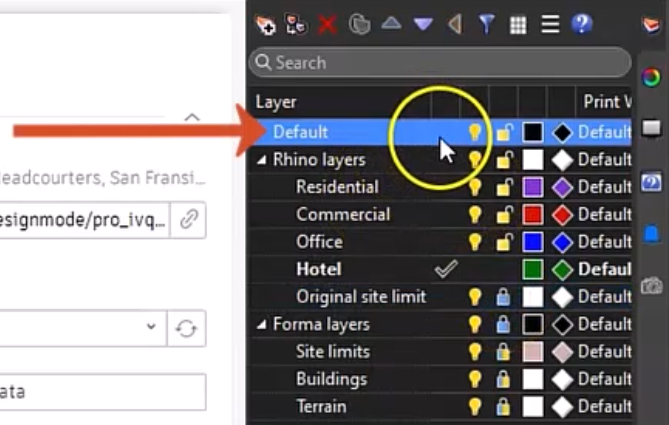 In the Layer panel, the layers to be used for tagging have been renamed for this example, with the Default layer called out and being selected.