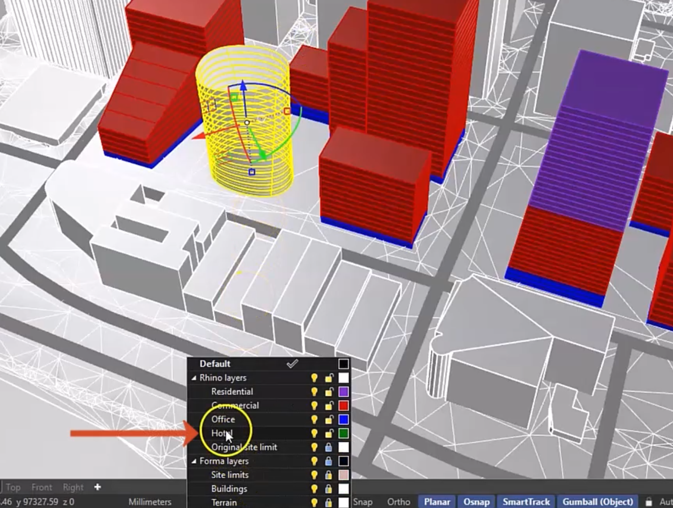 On the canvas, the round tower building is selected, and in the expanded quick action Layers menu, Hotel is called out and is being selected.