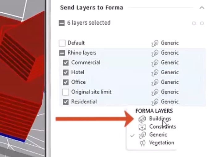 In the Forma panel, the Rhino layers are selected for this example, and in the expanded Forma Layers drop-down for the Residential layer, Buildings is called out and being selected.