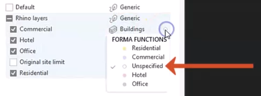 In the Forma panel, the Forma Functions drop-down for the Buildings layer is expanded, with the current setting of Unspecified called out.