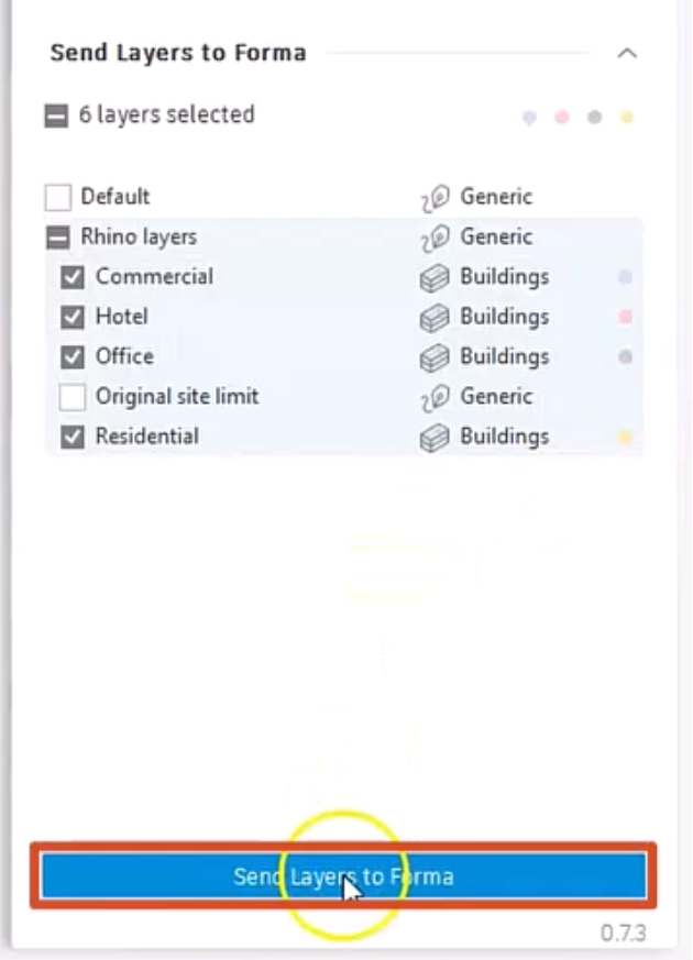 In the Forma panel, all Forma layers and functions are verified for the selected Rhino layers, with Send Layers to Forma selected and highlighted in red.
