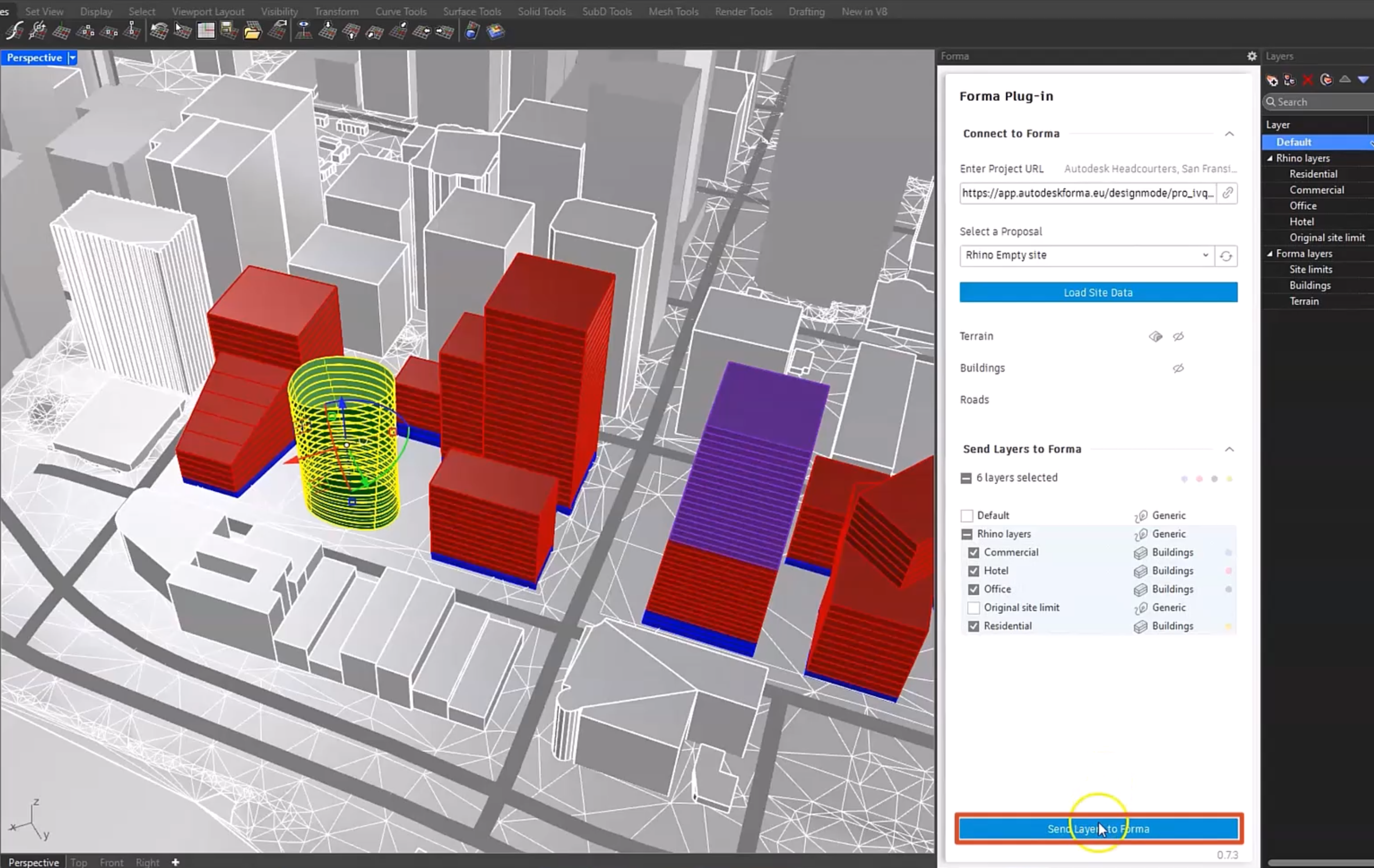 In Rhino, the project for this example is open in the Perspective view; and in the Forma panel, all Rhino geometry is tagged, the layer information is verified, and Send Layers to Forma is selected and highlighted in red.