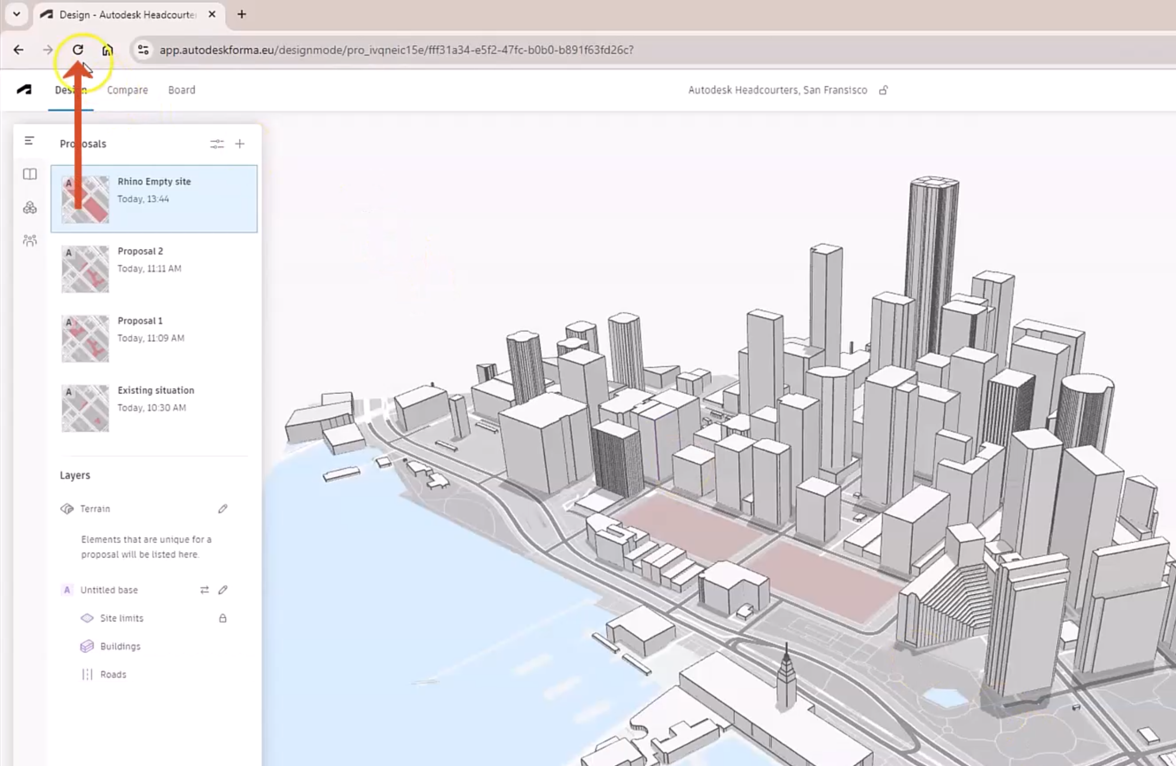 In Forma, the proposal sent from Rhino is selected, the data is not yet visible on the canvas, and the Refresh button is called out with a red arrow.