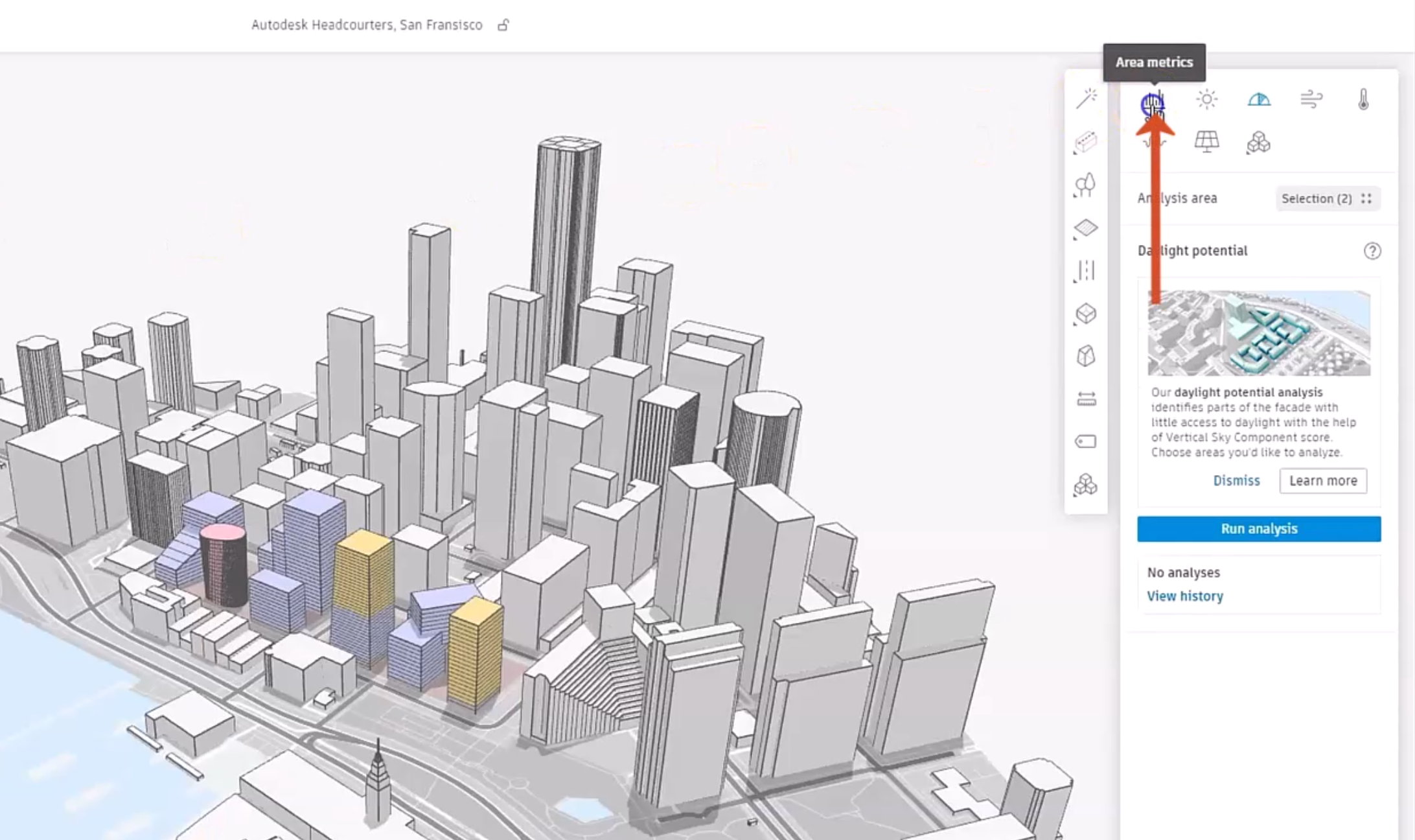 On the Forma canvas, the Rhino model is displayed, and in the right panel, Area metrics is called out and is being selected.