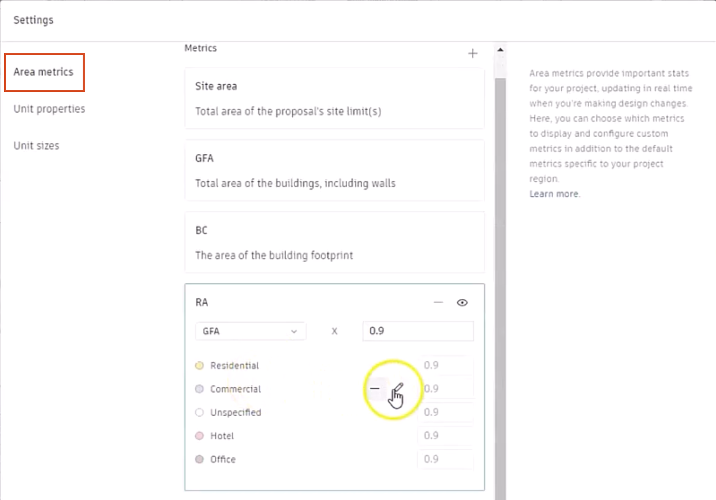 In the Settings dialog box, Area metrics is highlighted in red, and in the expanded RA panel, Edit is being selected next to the Commercial layer.