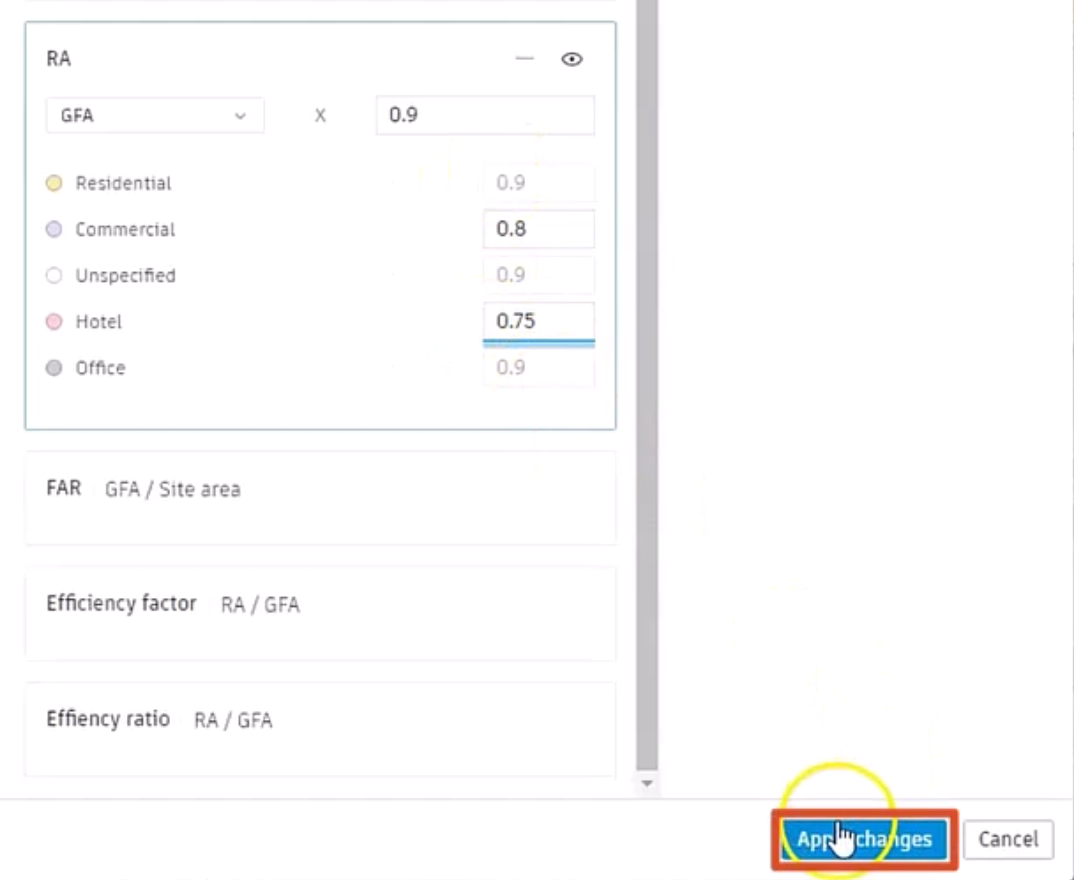 The Settings dialog box, RA panel, with the multiplier values changed for this example. Apply changes is highlighted in red and is being selected.