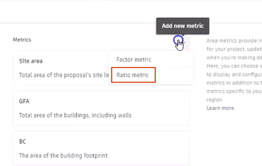 In the Settings dialog box, Add new metric is being selected, and in the drop-down, the Ratio metric is highlighted in red.