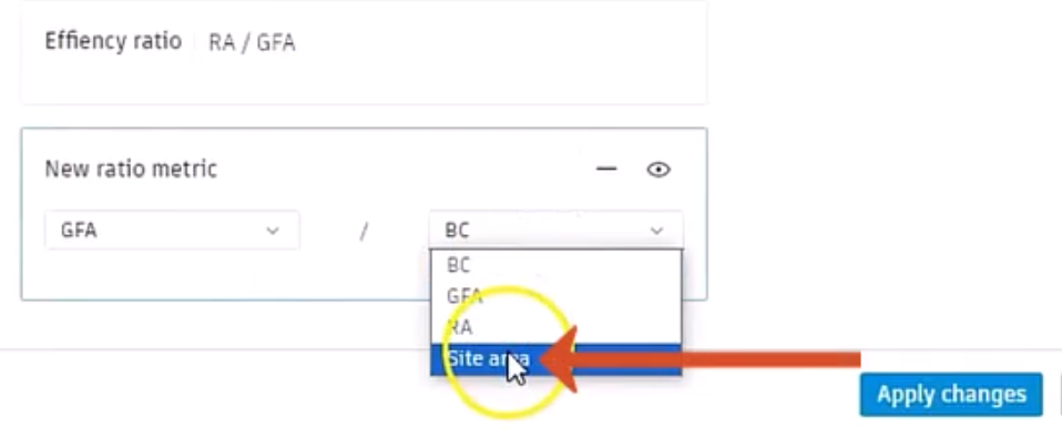 In the added New ratio metric panel, GFA selected for the first term, and in the second drop-down, Site area called out and being selected.