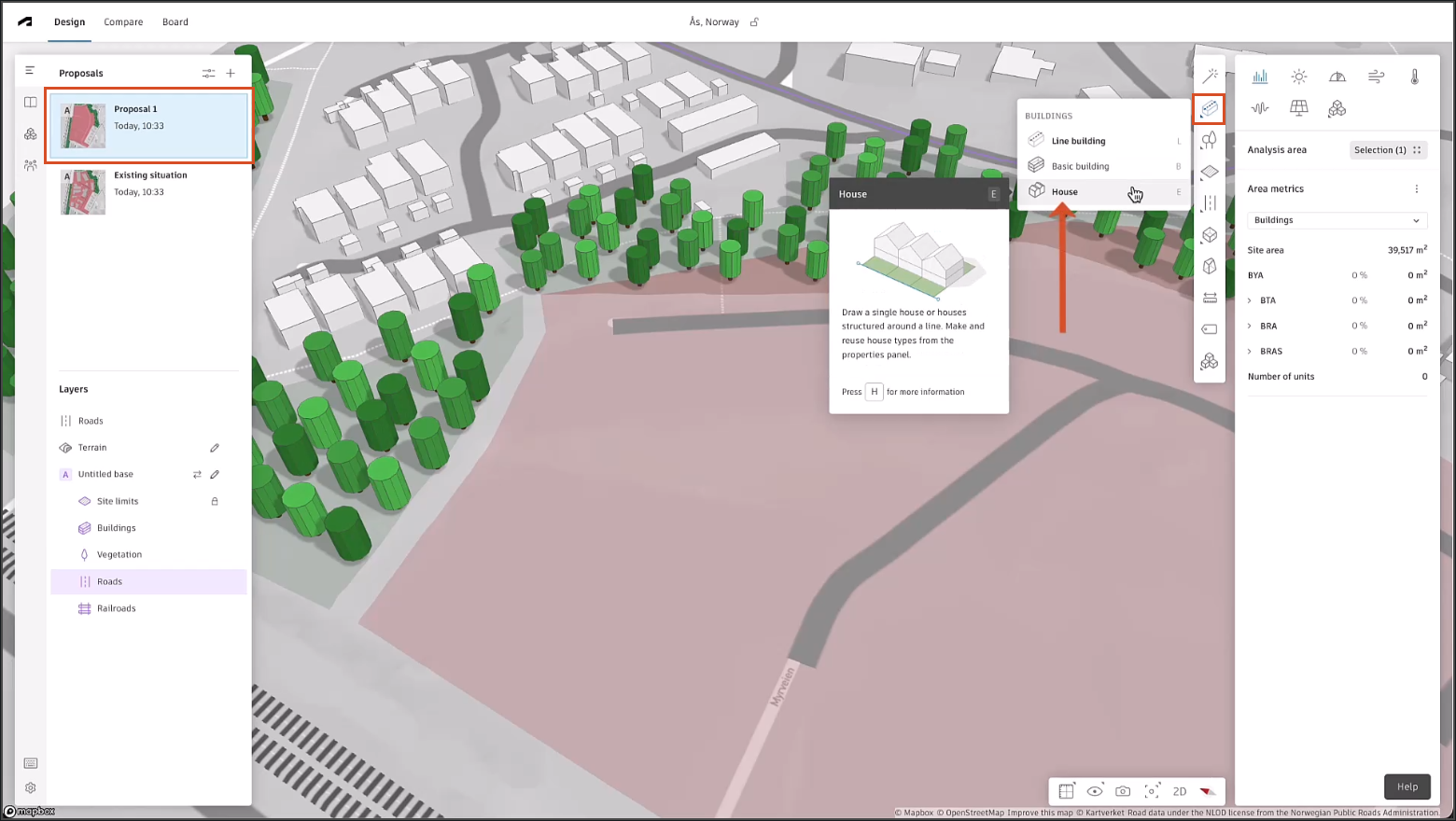 The Forma interface, with a proposal named Proposal 1 open in the canvas, and from the Design toolbar, the Building > House tool is being selected, indicated by a red callout arrow and the House tooltip showing.