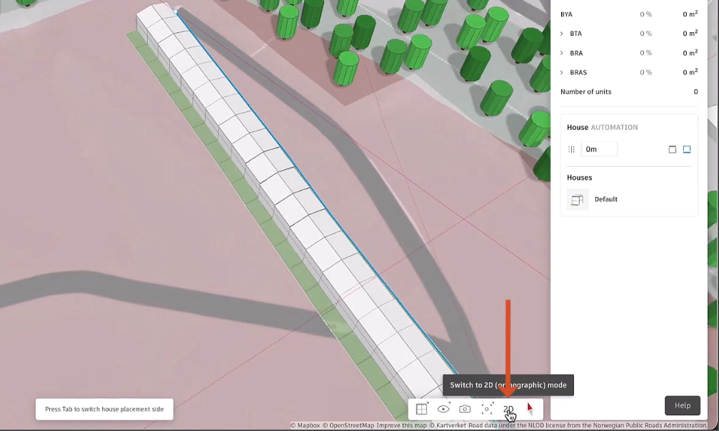 The bottom-right corner of the Forma interface, with a red arrow indicating the selection of the 2D view from the visibility and orientation toolbar. A row of houses is being created in the canvas, and pink snap lines are visible to guide the placement.