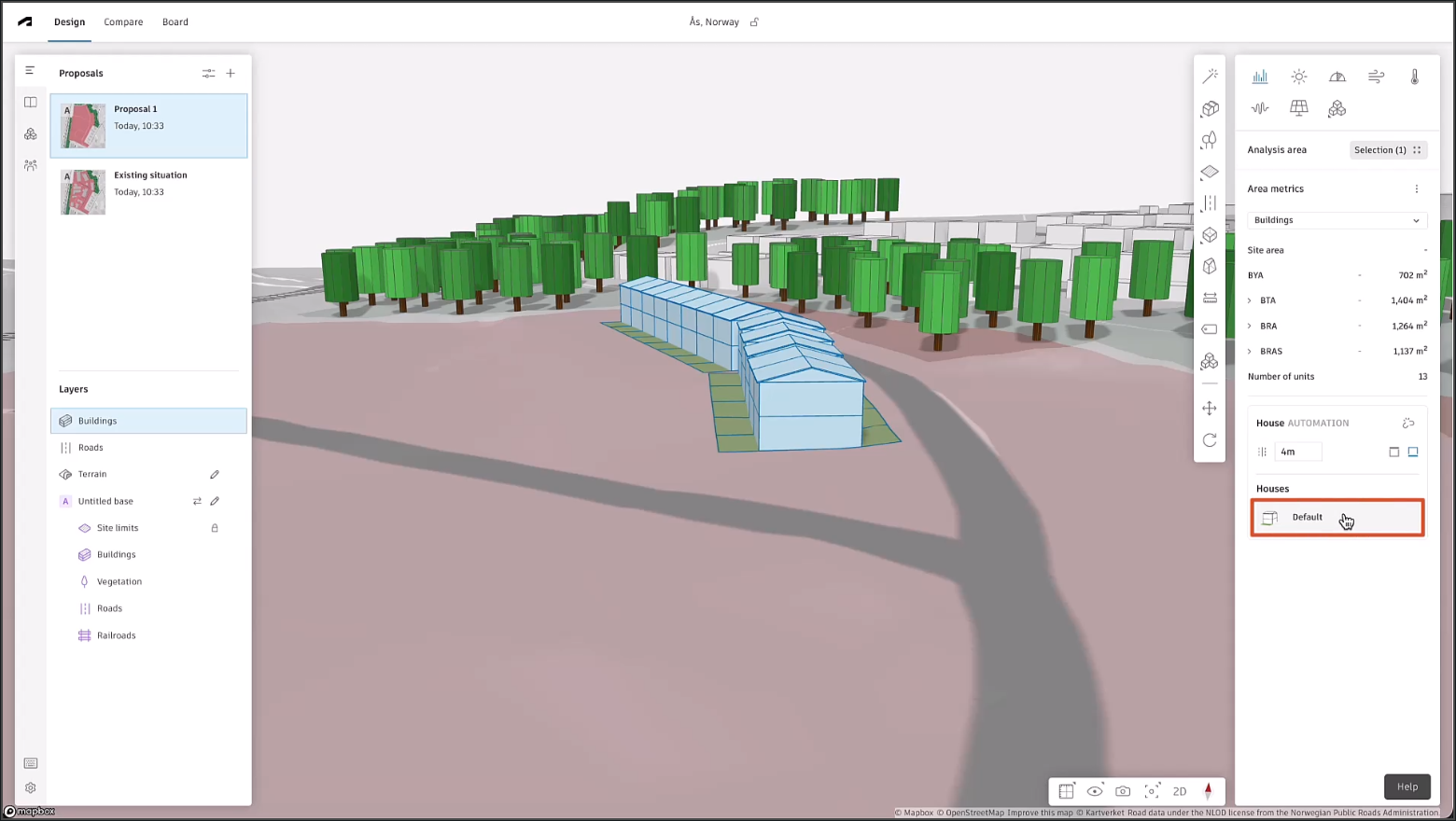 The Forma interface, showing the newly created row houses in a 3D view, with the Default template highlighted in red in the right panel under Houses.