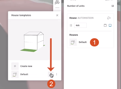 A portion of the right panel, where the Default house tool has been activated, marked with a red step 1 dot. Adjacent to it, the House templates dialog box is showing, with the Edit button being selected next to Default, denoted by a red callout arrow and a red step 2 dot.