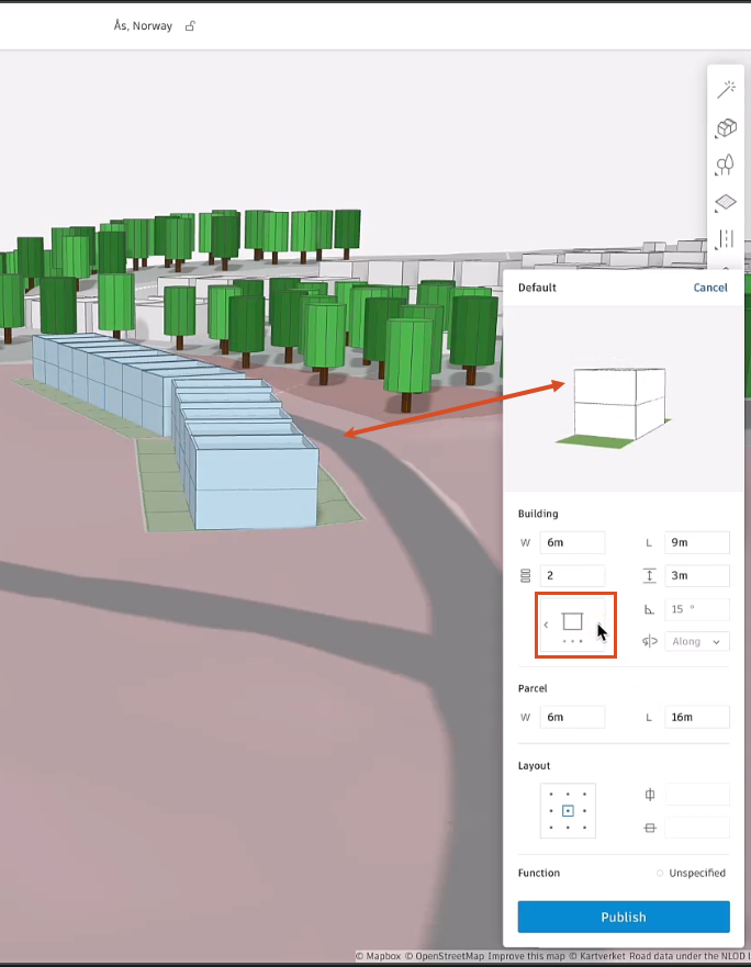 A portion of the Forma canvas adjacent to the open Default house template dialog box, with the flat roof type being selected for the selected row houses in the canvas. The preview appears the same as in the canvas, denoted by a red comparison arrow, and the roof type selection box is outlined in a red highlight.