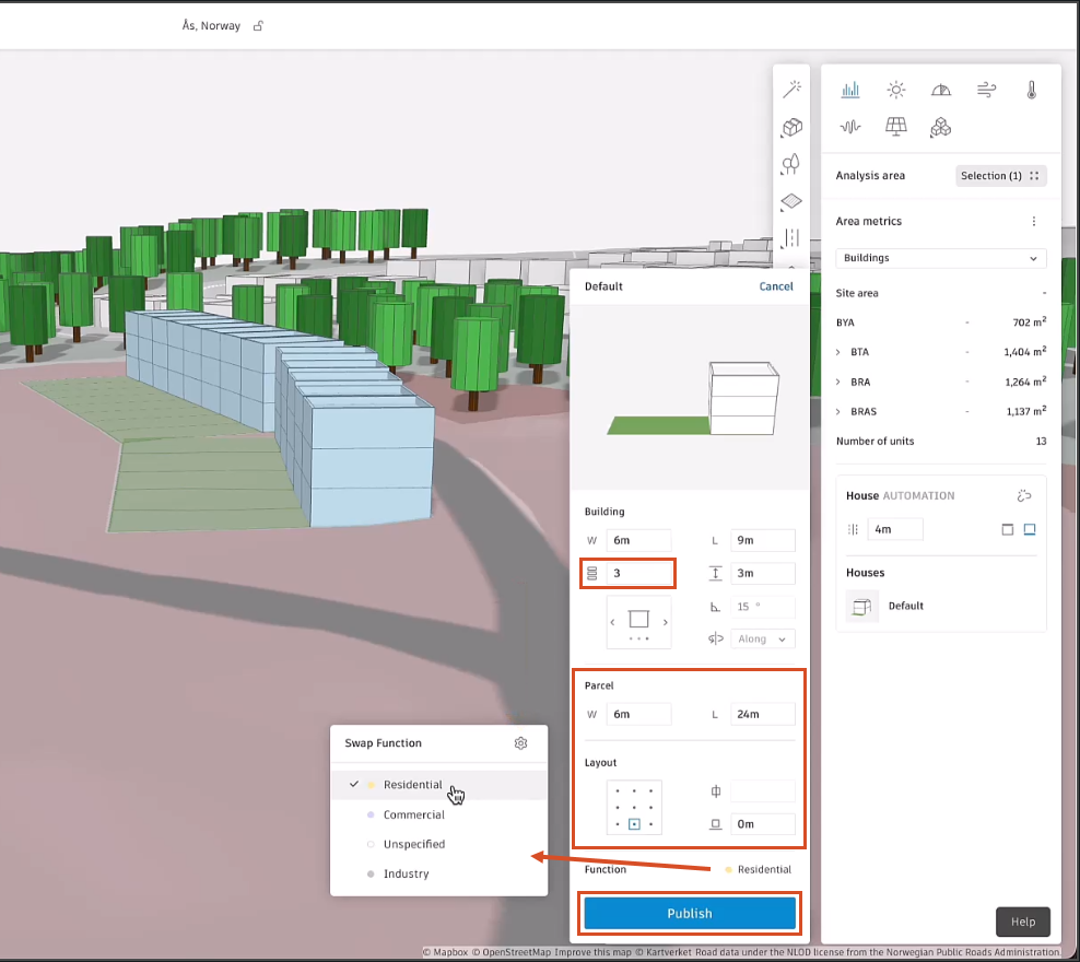 The Forma canvas, Default house template dialog box, and the right panel. The Default house template dialog box shows the changes made to the selected houses in the canvas, which are highlighted in blue. The Swap Function dialog box is also open, after the Function button was clicked, as indicated by a red arrow.