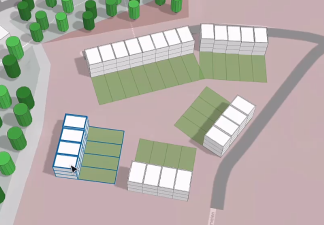 A portion of the Forma canvas showing the additional 3-story row houses that have been created so far, in white, along with their parcels, in green.