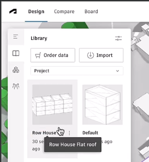 The top-right corner of the Forma interface, showing the Design Library open and the Default house type having been renamed to “Row House Flat roof”, also indicated in the tooltip.