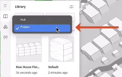 The top-left corner of the Forma interface, showing the Library and the drop-down options for saving a template to the Hub.