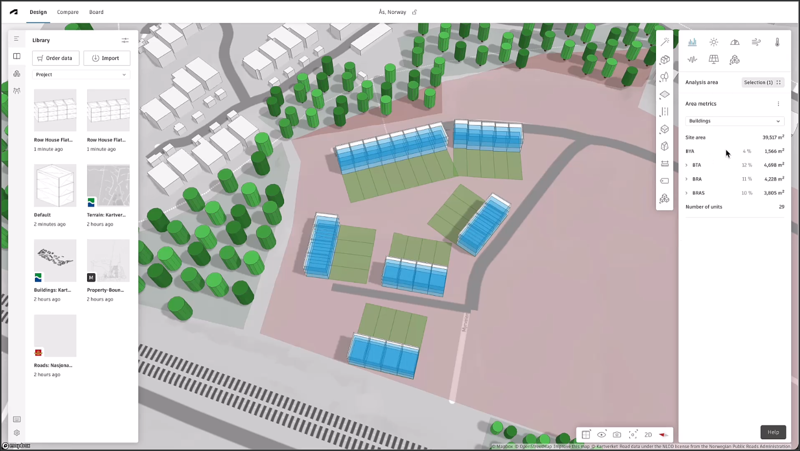 The Forma interface, with the new row houses selected and highlighted in blue in the canvas, and in the right panel, the properties for the new houses.