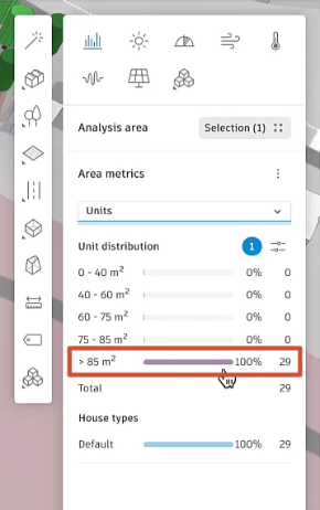 A close-up of the right panel, with the Units showing under Area metrics, and the 29 units listed as being greater than 85 m2 highlighted in red.