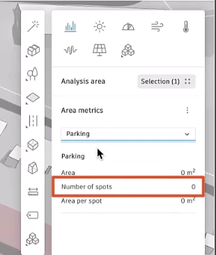 The top of the right panel in Forma, showing the Area metrics with Parking active in the drop-down, and below that, the Number of spots is zero and highlighted in red.