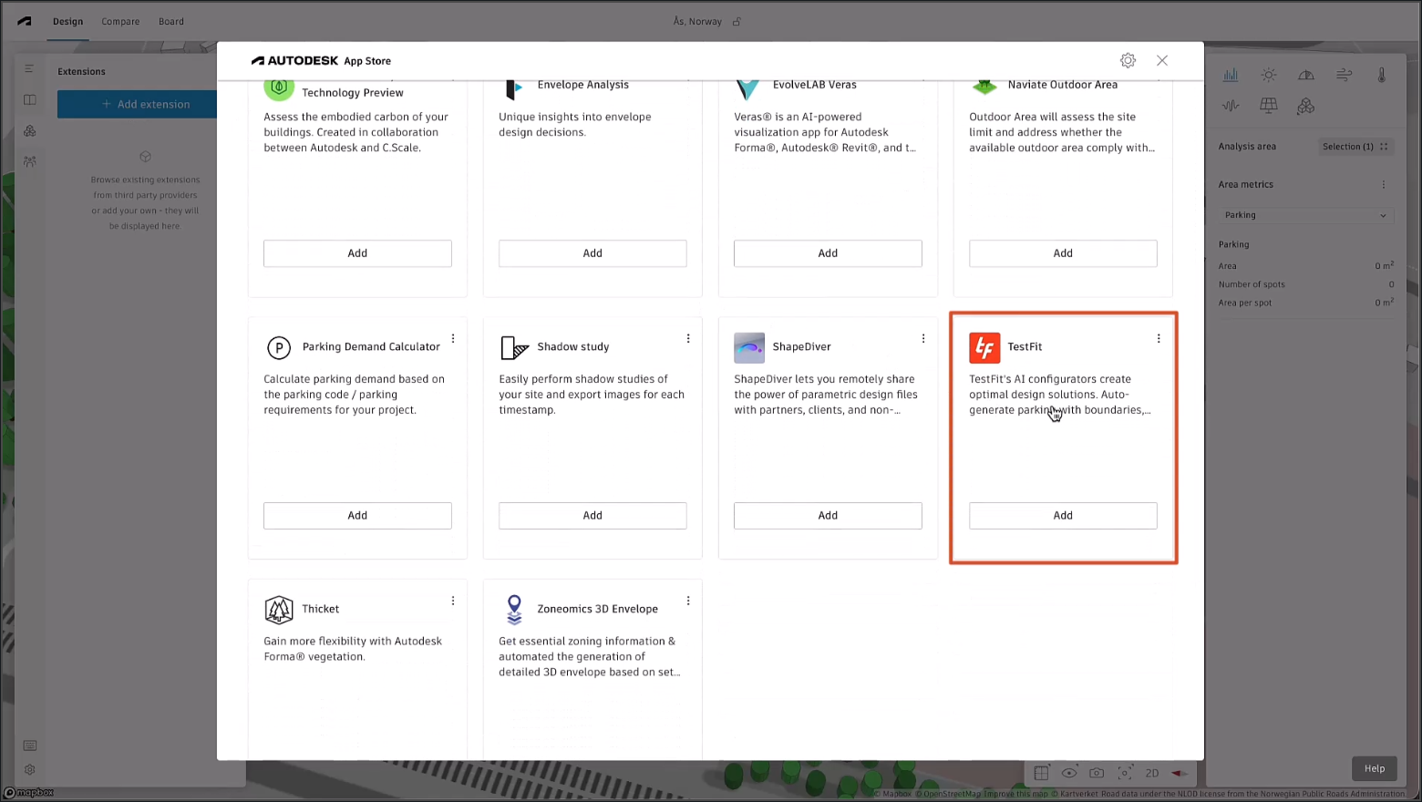 The Forma interface dimmed in the background in gray, with the Autodesk App Store open in front, the list of extensions scrolled to the bottom, and the TestFit parking extension shown highlighted in red as it is being selected.