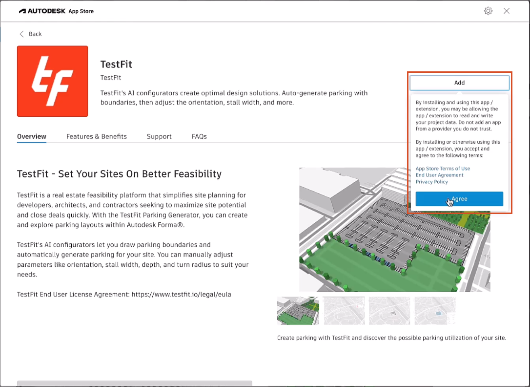 The Autodesk App Store window open to the TestFit extension information, open to the Overview tab on the left and an image of a parking lot on the right. Overlapping the image, the Add button has been clicked and the terms drop-down is open, and the Agree button is active in blue as it is being clicked.