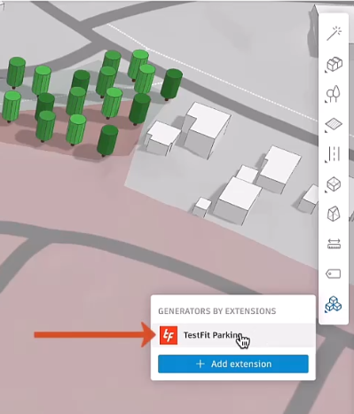 A small portion of the Forma canvas showing the Design toolbar active, with the Extensions button clicked and the TestFit parking extension being selected from the pop-out and indicated with a red arrow.