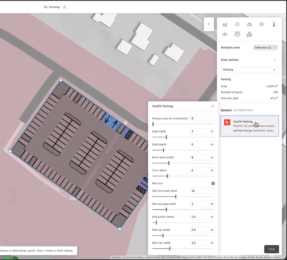 The right half of the Forma interface showing the new parking area having been drawn and still selected in the canvas. In the right panel, the TestFit parking app is selected, and the adjustable settings for the parking area are open in a panel to the left.