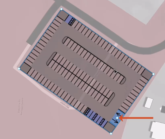 A portion of the Forma canvas showing a selected parking area object, with the entrance highlighted in blue and a red arrow indicating the white dot handle for the entrance.