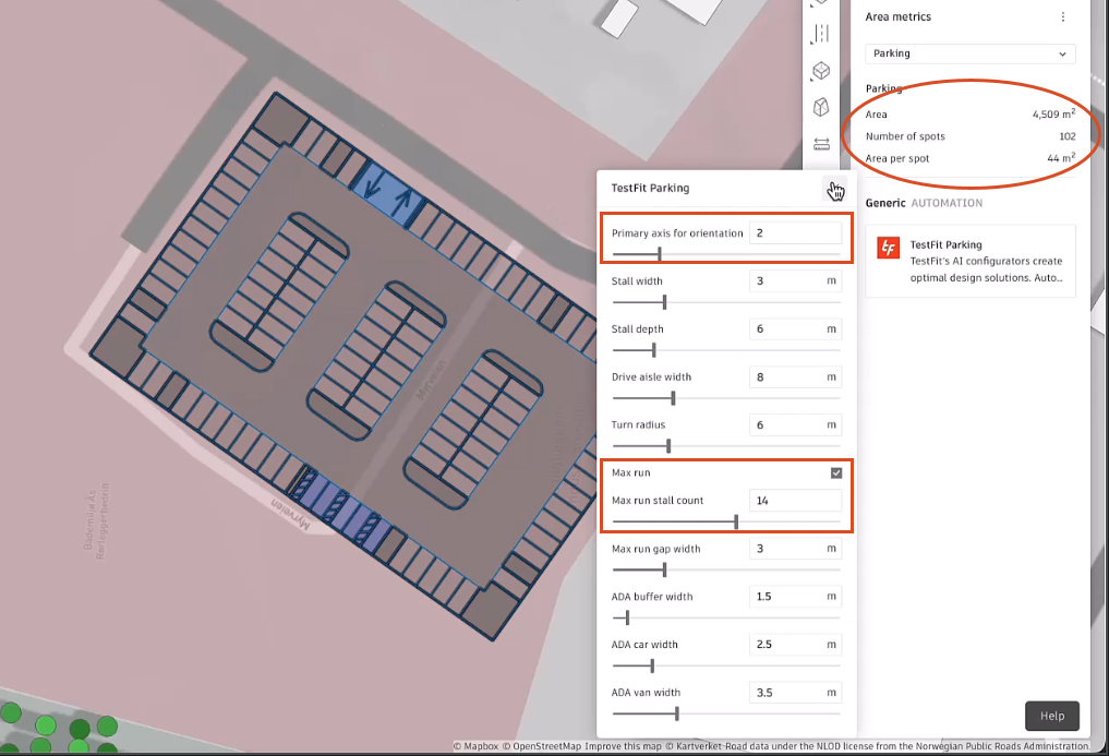 The right half of the Forma interface showing the new parking area in the canvas. In the right panel, the TestFit parking app is active, and the area metrics are highlighted with a red oval. In the panel of adjustable settings for the parking area, the Primary axis for orientation and Max run options are highlighted in red.