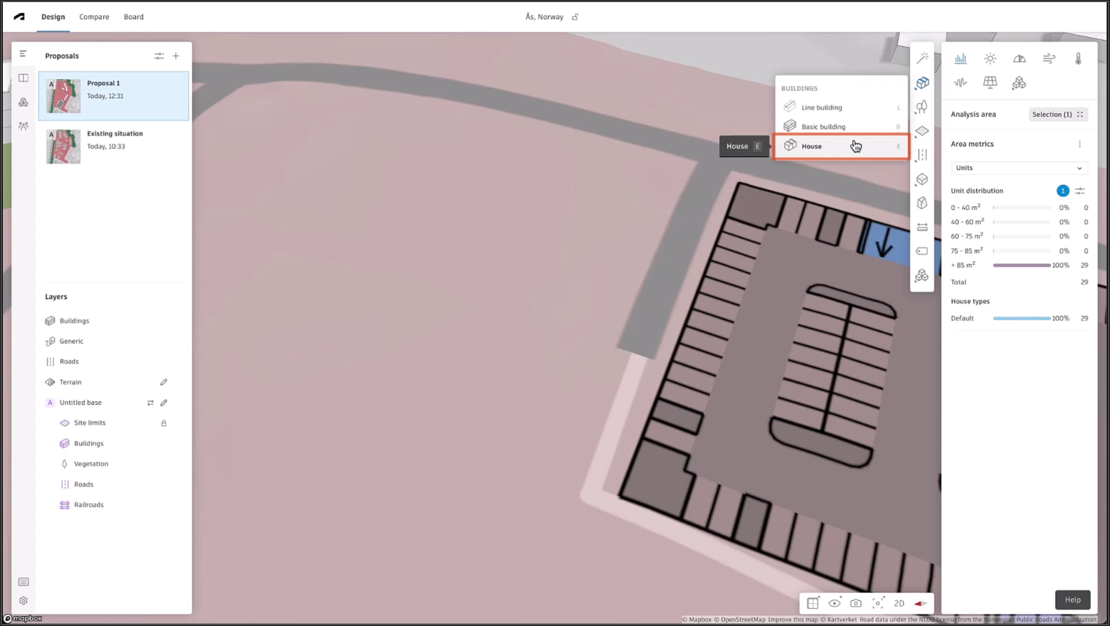 The Forma interface, with a portion of a parking area displayed in the canvas, the Proposals pane and right canvas open, and the House tool being selected from the Design toolbar.