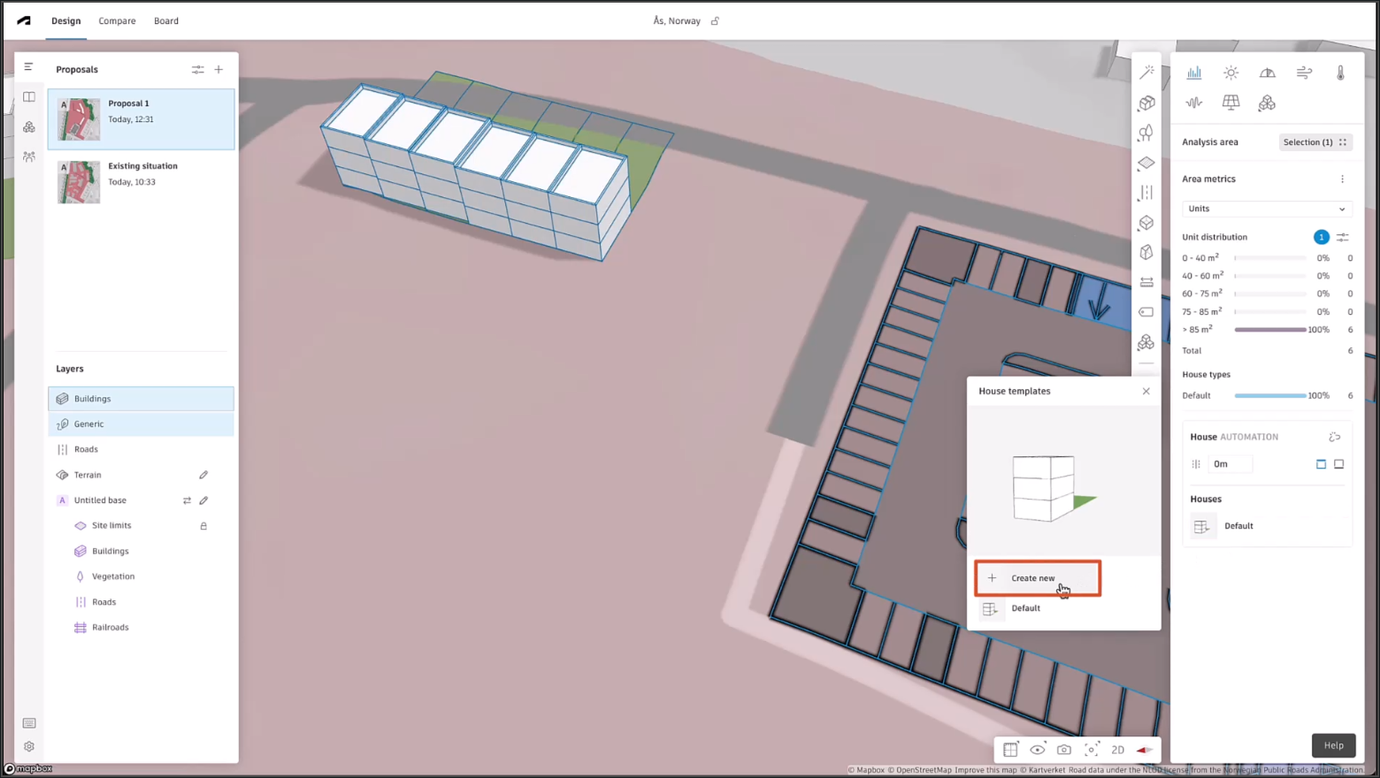 The Forma interface, with a line of 6 row houses drawn, and the House templates dialog box open, where Create new is being selected and is outlined with a red box.