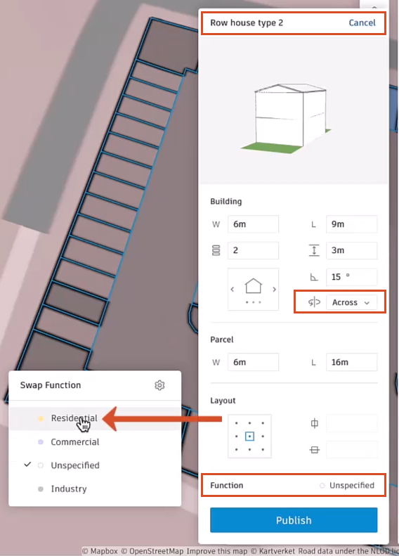 The settings panel for the Row house type 2 house in this example, with the settings adjusted and the Swap Function dialog open, where the Residential function type is being selected and is called out with a red arrow.