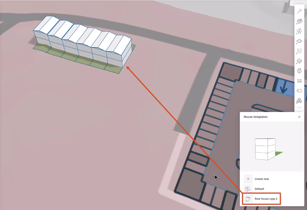 A portion of the Forma canvas, showing the 6 row houses changed to the Row house type 2 type, as indicated in the House templates dialog box and the red arrow.