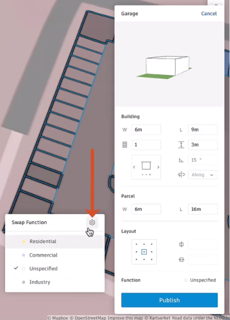 The Garage settings dialog box open on the right, showing the garage settings configured for this example, with the Swap Function dialog box also open on the left, and a red arrow indicating the Settings cog for selection.