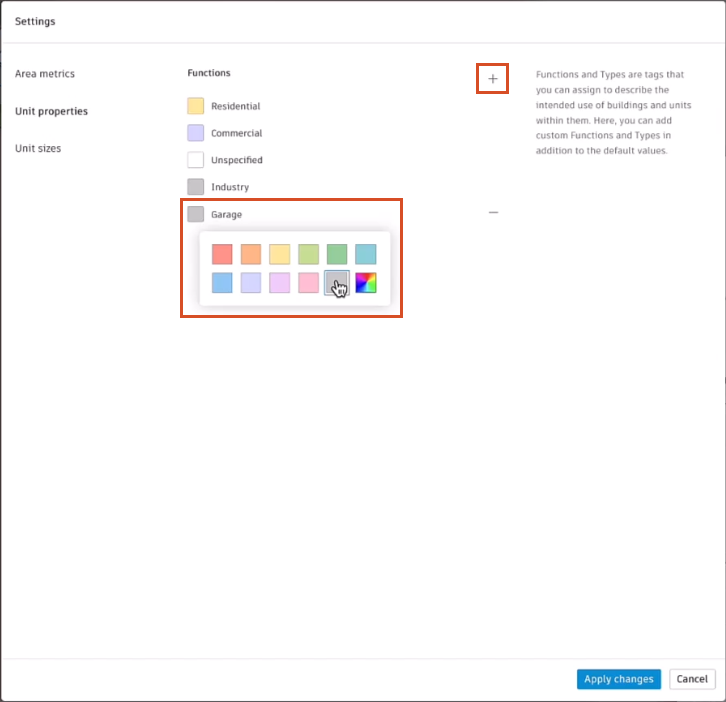 The Settings dialog box open to the Functions options, with the Add function (plus sign) highlighted with a red box to indicate that it was already selected. The Garage function color swatch options are also open, where the gray color has already been chosen.