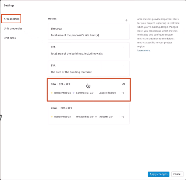 The Settings dialog box open to the Area metrics tab, with the BRA option highlighted in red to indicate that it is being selected.