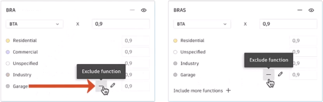 A side-by-side image of the BRA and BRAS settings options boxes, showing the Exclude function (minus sign) being selected so that these settings are excluded from the total Area metrics.