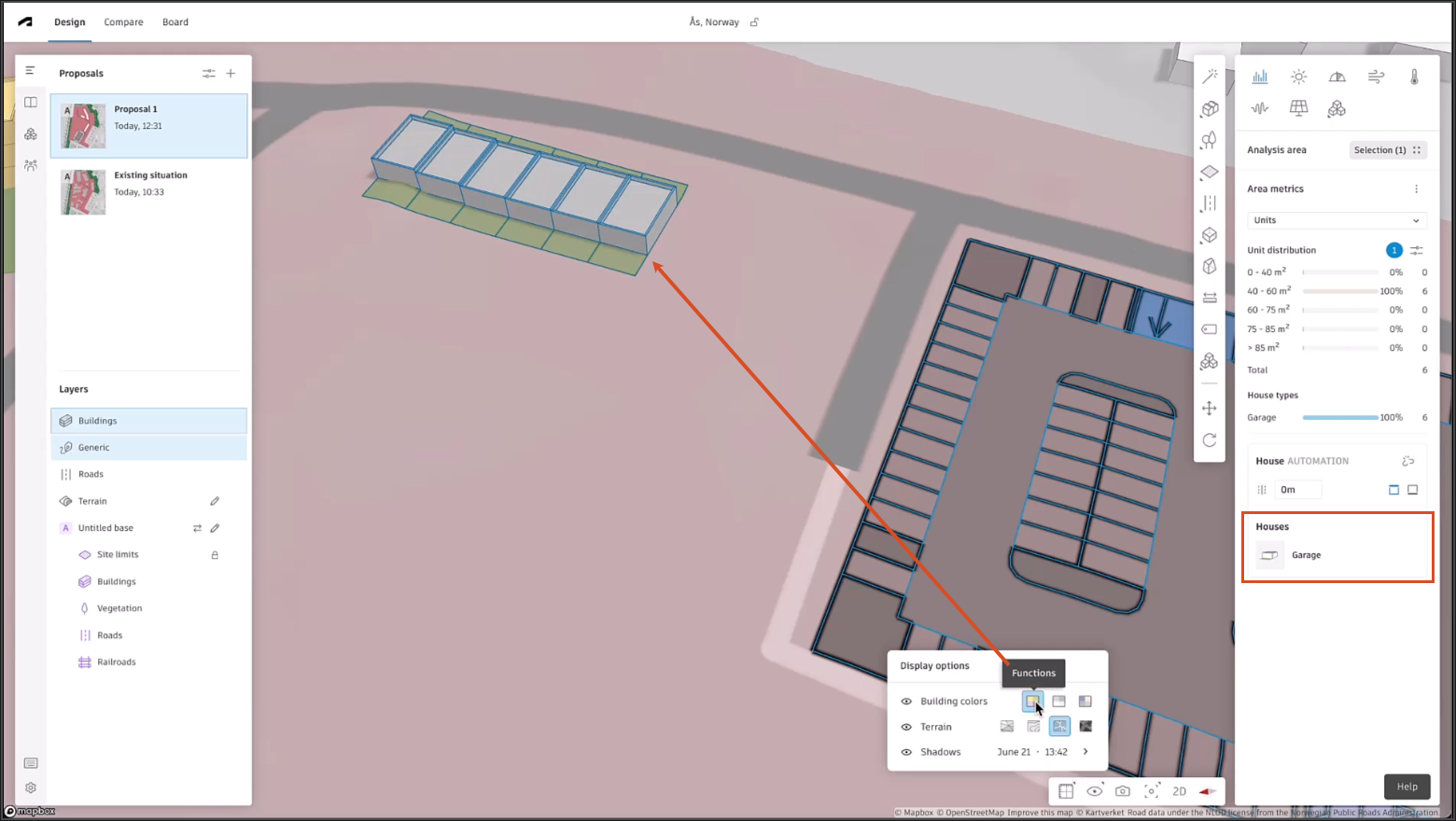 The Forma interface, with the Display options > Building colors control changed to Functions, and the six row houses updated to show the Garage house type now colored gray.