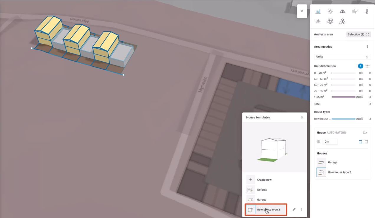 In the Forma canvas, the row of six Garage type row houses now changed to show as 3 yellow row houses and 3 gray garages. The House templates dialog box is also open, where the Row house type 2 option was selected, changing 3 of the garages to houses.