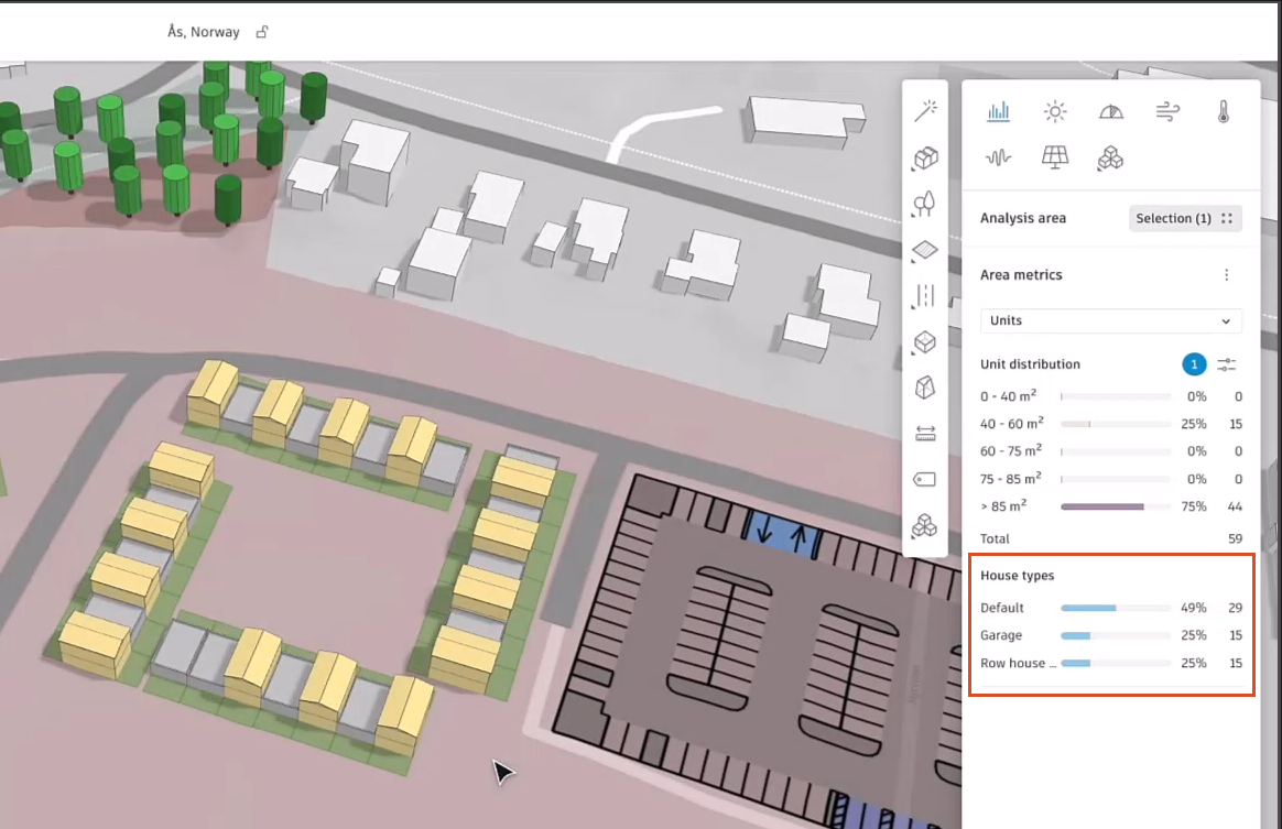 The canvas and right panel in Forma, with the completed row houses, with the corresponding Area metrics for the House types outlined in red.