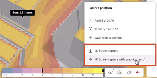 A close-up view of the Analysis bar and the visibility and orientation toolbar, located in the bottom-right corner of the canvas, with the Camera position menu open and the 4K options highlighted in red.