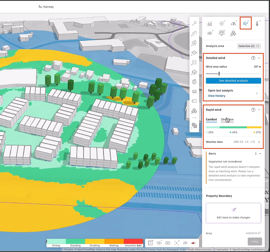 The Wind analysis panel, with the Wind analysis tool highlighted in red as being selected, and below that, the Detailed wind and Rapid wind options. The Rapid wind by default shows the Comfort tab.