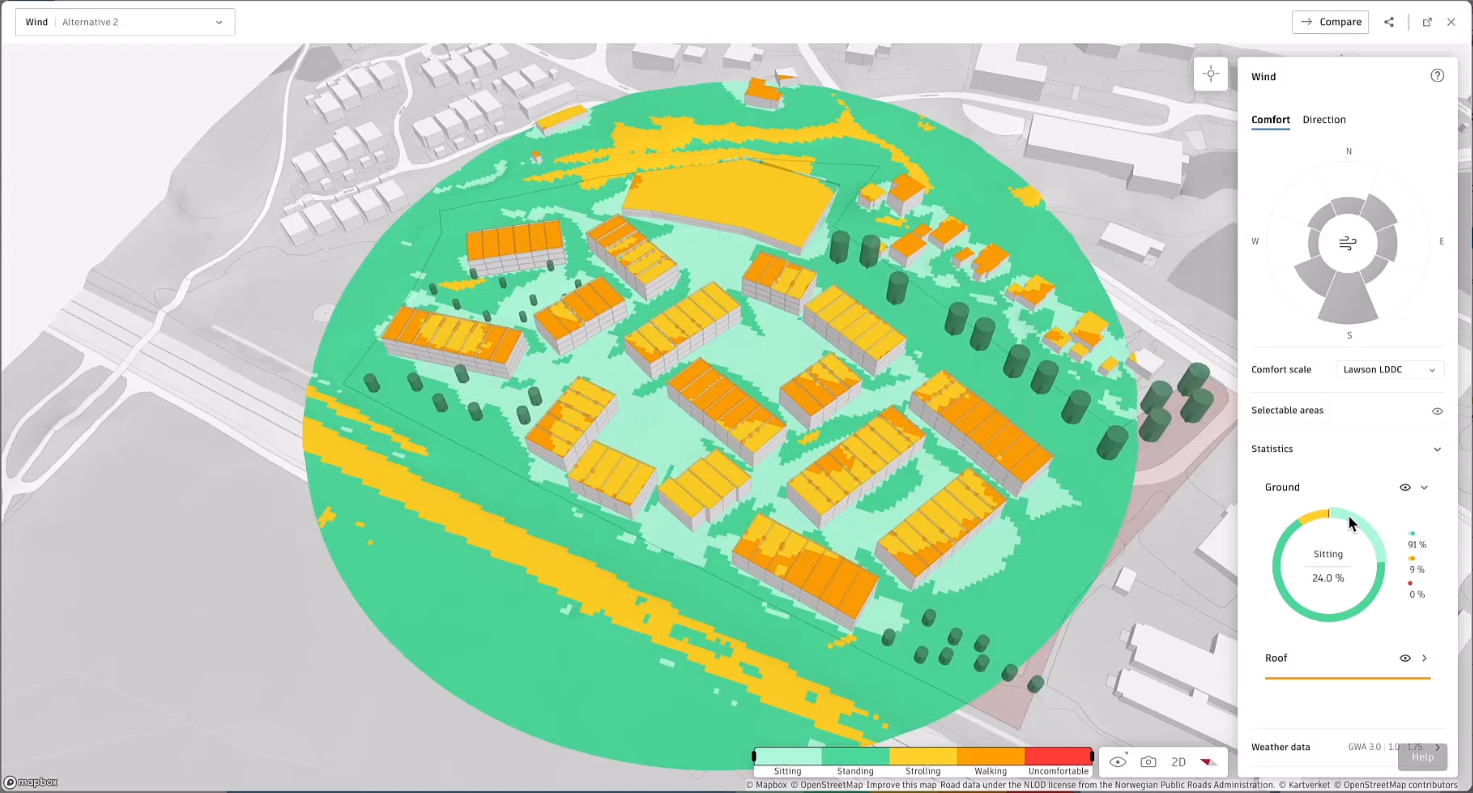 The Wind analysis panel, with a previously run wind analysis showing in the canvas and in the panel, with the Comfort tab active and the Ground temperature results being reviewed.