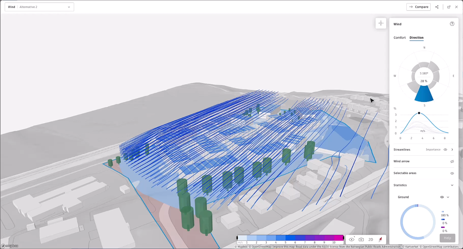 The Wind analysis panel, with a previously run wind analysis showing in the canvas and in the panel, with the Direction tab active and the results being reviewed as streamlines.