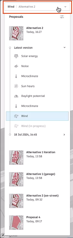 On the right side of the canvas, the Proposals panel is active, with the analysis types drop-down being opened and the Wind analysis selected as active.