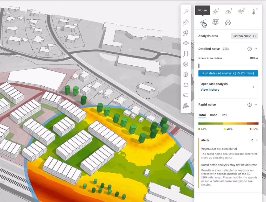 The top-right corner of the Forma interface, showing the Noise analysis tool in the right panel, and in the canvas, the noise analysis is immediately calculated and showing results as a green-yellow-red color gradation.