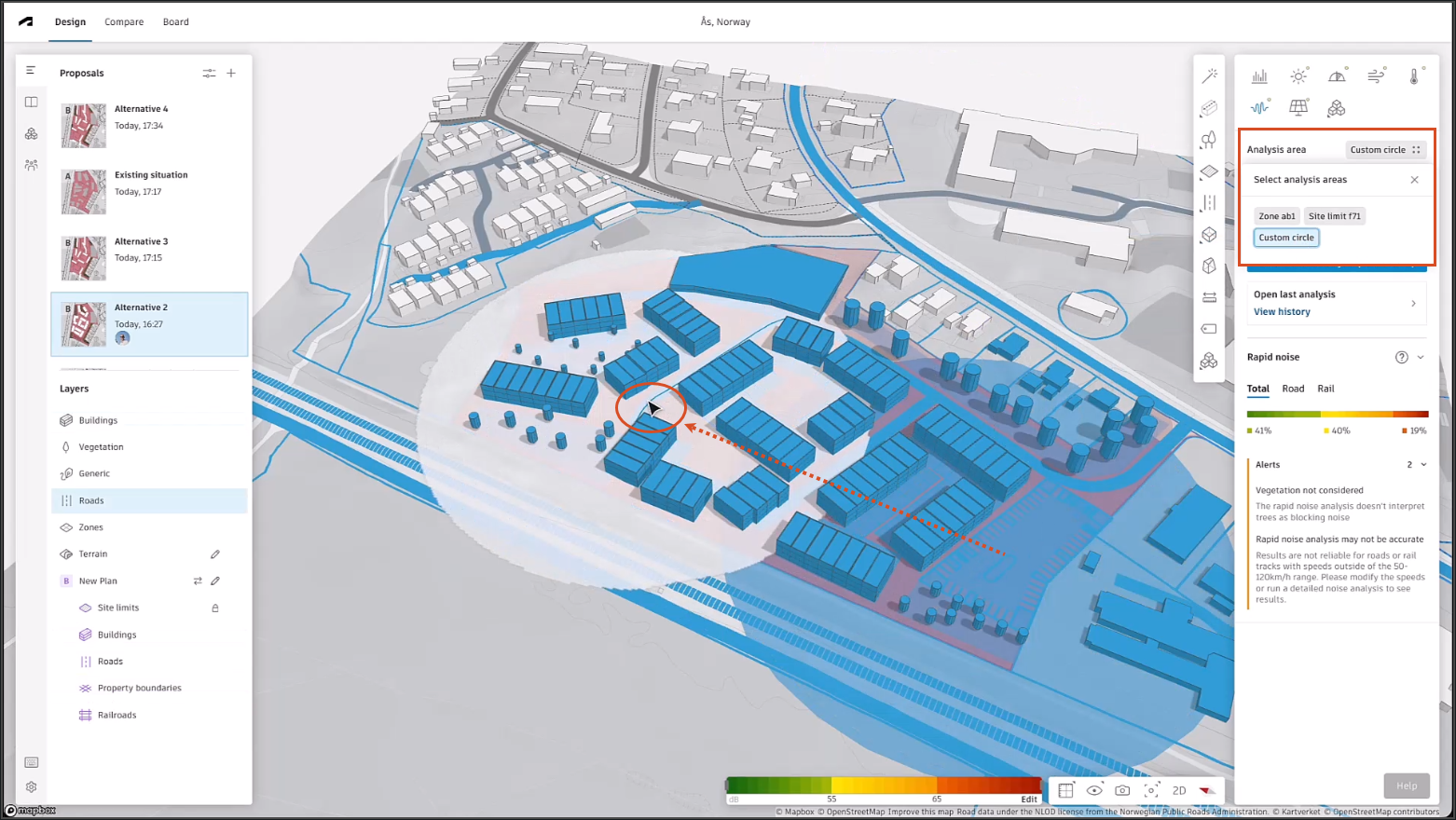 The Forma interface, with the Alternative 2 proposal active in the canvas and the noise analysis being moved to the area of interest, as indicated by a red dotted arrow and a red circle around the pointer. In the right panel, the Analysis area tools are also highlighted in red.